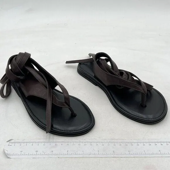 FOWT Black Round Toe Lace up Strappy Flats Comfortable Casual Flip Flop Shoes