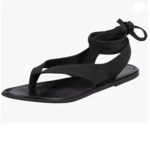 FOWT Black Round Toe Lace up Strappy Flats Comfortable Casual Flip Flop Shoes