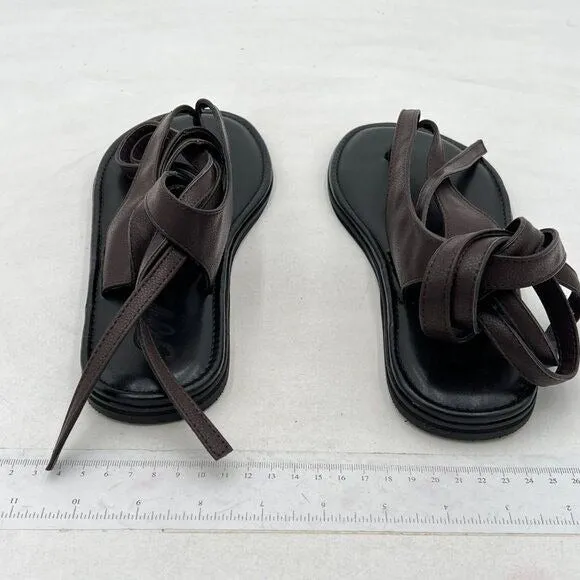 FOWT Black Round Toe Lace up Strappy Flats Comfortable Casual Flip Flop Shoes