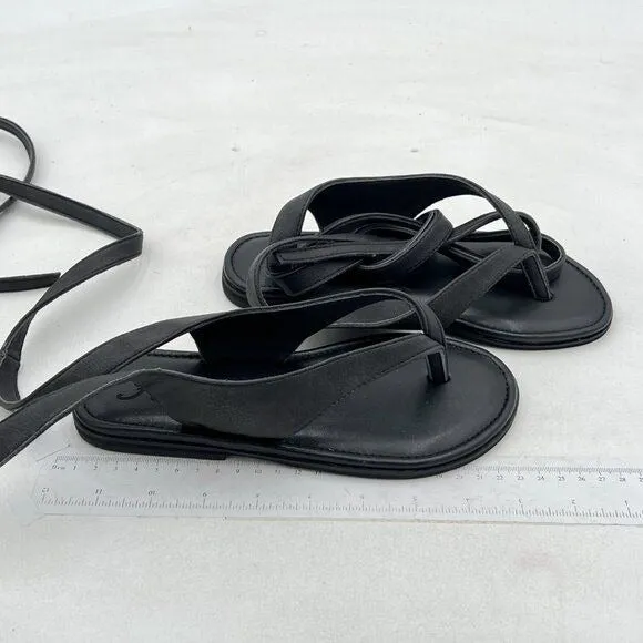 FOWT Black  Round Toe Sandals Lace up Strappy Comfortable Flats  Flip Flop Shoes