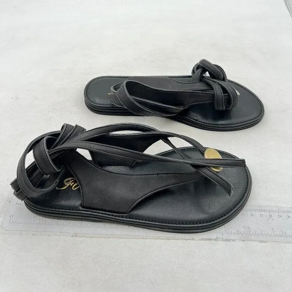 FOWT Black Round Toe Sandals Lace up Strappy Soft Flip Flop Flats Summer Shoes