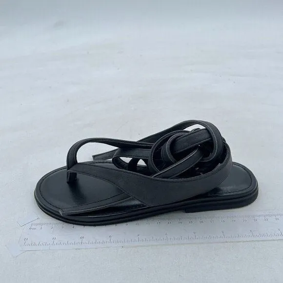 FOWT Black Split Round Toe Sandals Lace up Strappy Comfortable Flats Shoes