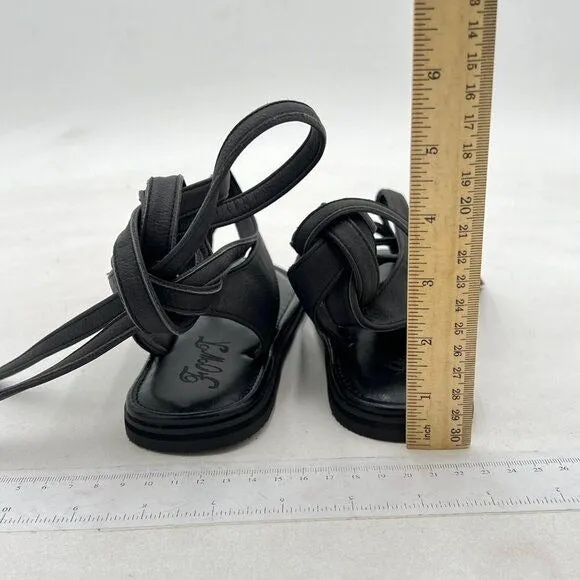 FOWT Black Split Round Toe Sandals Lace up Strappy Comfortable Flats Shoes