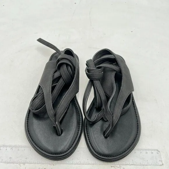 FOWT Black Split Round Toe Sandals Lace up Strappy Flats Soft Flip Flop Shoes
