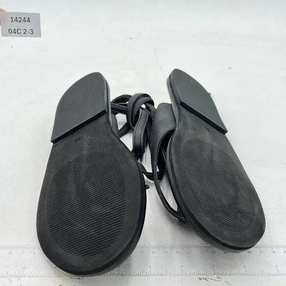 FOWT Black Split Round Toe Sandals Lace up Strappy Flats Soft Flip Flop Shoes