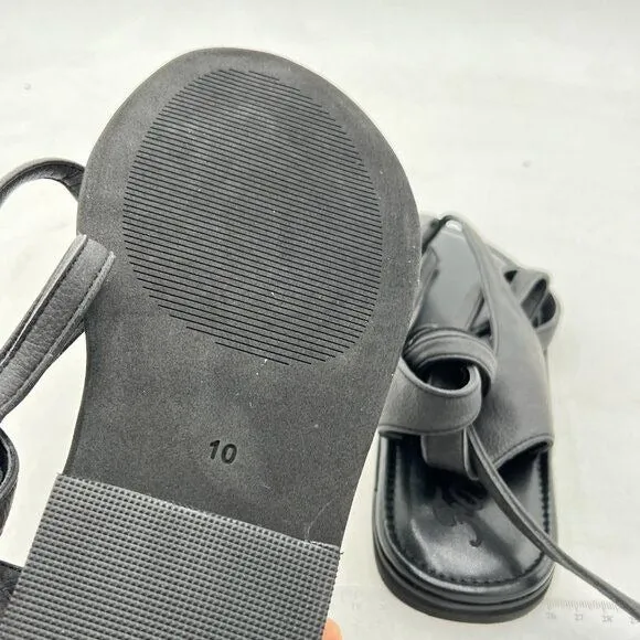 FOWT Black Split Round Toe Sandals Lace up Strappy Flats Soft Flip Flop Shoes