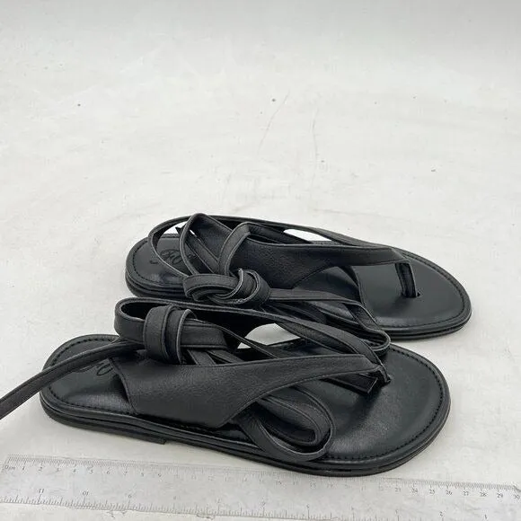 FOWT Black Split Round Toe Sandals Lace up Strappy Flats Soft Flip Flop Shoes