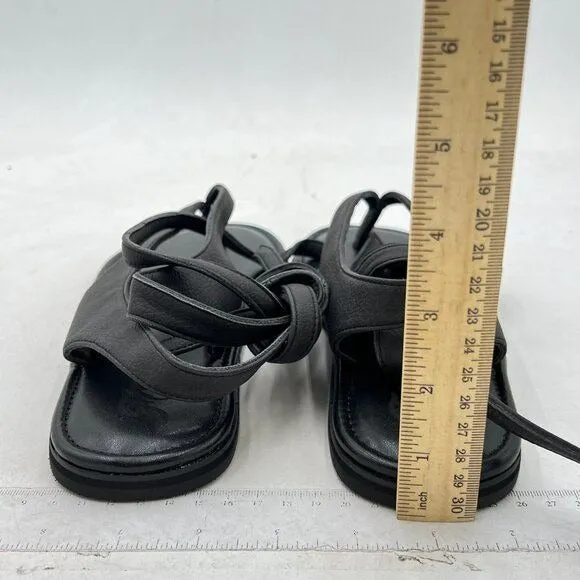 FOWT Black Split Round Toe Sandals Lace up Strappy Flats Soft Flip Flop Shoes