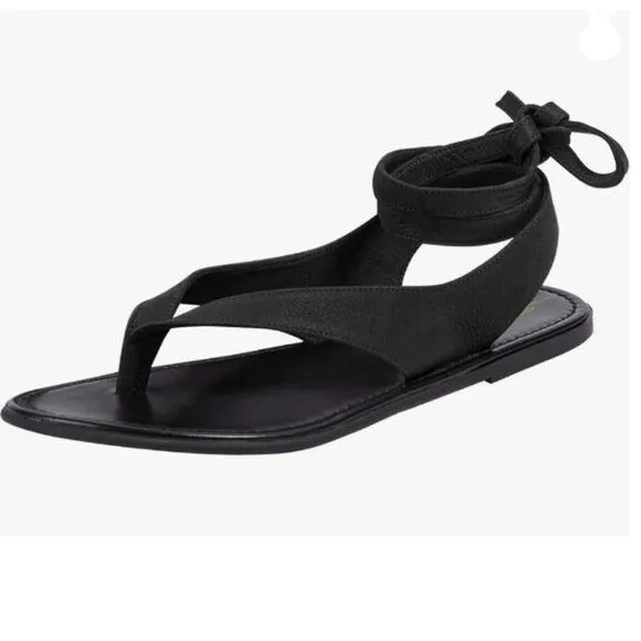 FOWT Black Split Round Toe Sandals Lace up Strappy Flats Soft Flip Flop Shoes