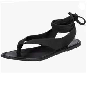 FOWT Black Split Round Toe Sandals Lace up Strappy Flip Flop Flats Casual Shoes