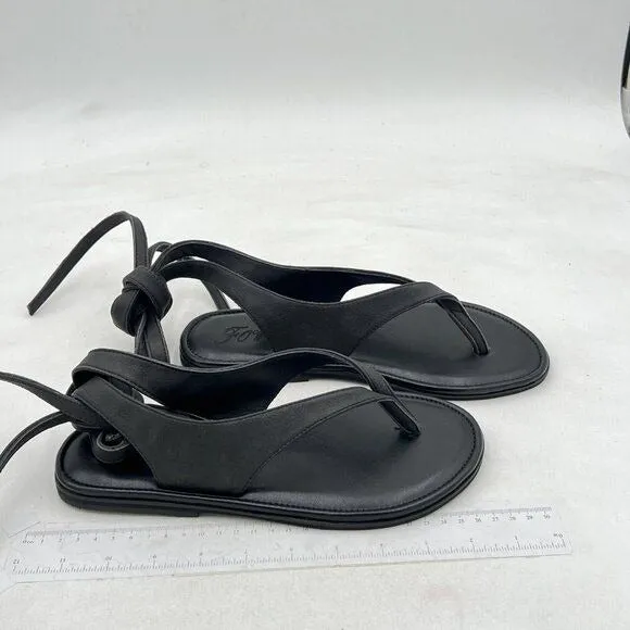 FOWT Black Split Round Toe Sandals Lace up Strappy Soft Flip Flop Flats Shoes