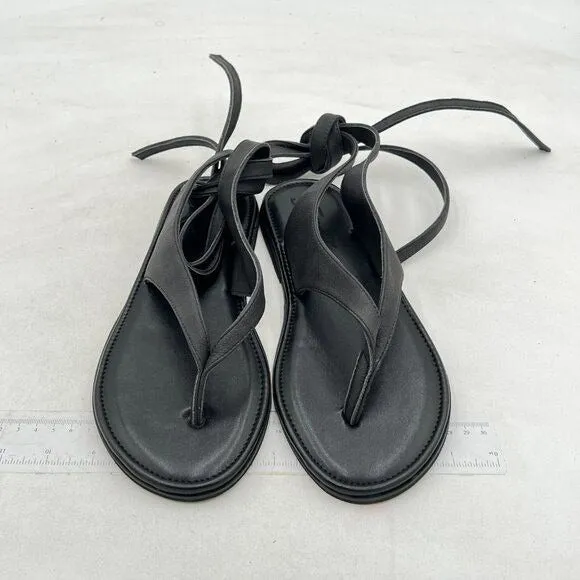FOWT Black Split Round Toe Sandals Lace up Strappy Soft Flip Flop Flats Shoes