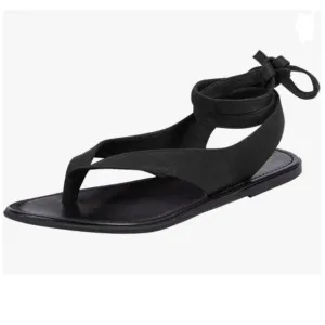 FOWT Black Split Round Toe Sandals Lace up Strappy Soft Flip Flop Flats Shoes
