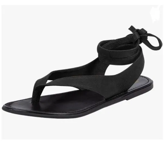FOWT Black Split Round Toe Sandals Lace up Strappy Soft Flip Flop Flats Shoes