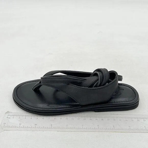FOWT Black Split Round Toe Sandals Lace up Strappy Soft Flip Flop Flats