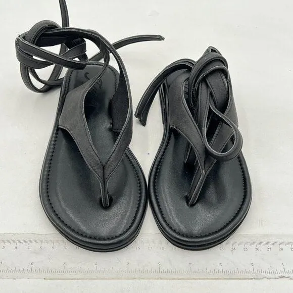 FOWT Black Split Round Toe Sandals Lace up Strappy Soft Flip Flop Flats