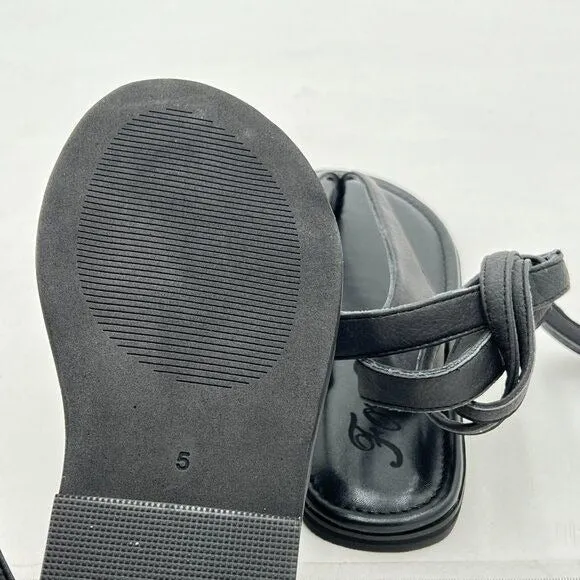 FOWT Black Split Round Toe Sandals Lace up Strappy Soft Flip Flop Flats