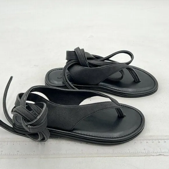 FOWT Black Split Round Toe Sandals Lace up Strappy Soft Flip Flop Flats
