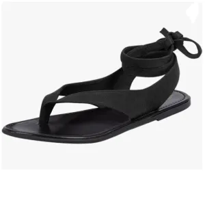 FOWT Black Split Round Toe Sandals Lace up Strappy Summer Soft Flip Flop Shoes