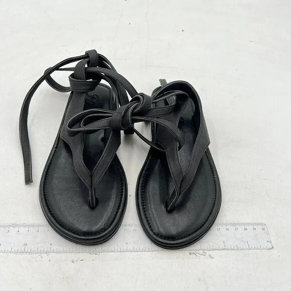 FOWT Black Split Round Toe Sandals Lace up Strappy Summer Soft Flip Flop Shoes
