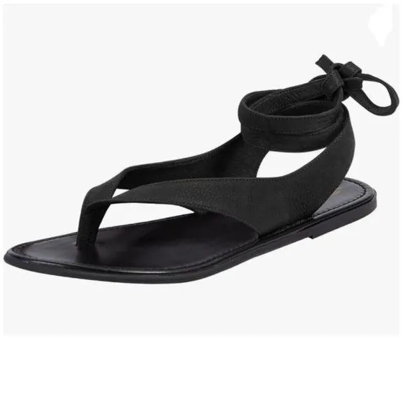 FOWT Black Split Round Toe Sandals Lace up Strappy Summer Soft Flip Flop Shoes
