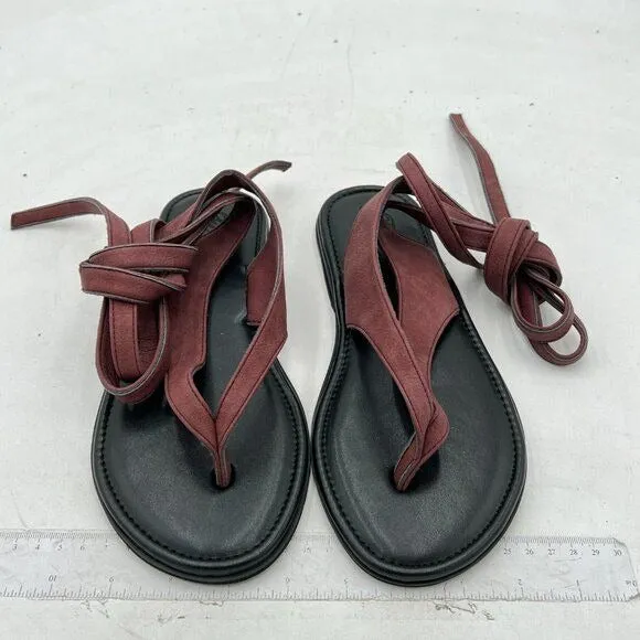 FOWT Brown Women Split Round Toe Sandals Lace up Strappy Comfortable Flats