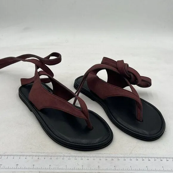 FOWT Brown Women Split Round Toe Sandals Lace up Strappy Comfortable Flats
