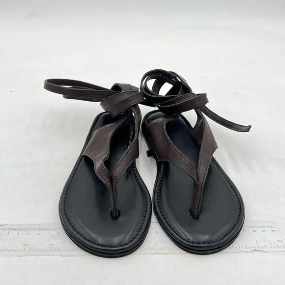 FOWT Dark Brown Round Toe Sandals Lace up Strappy Soft Flip Flop Casual Shoes