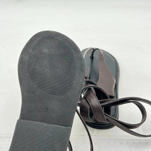 FOWT Dark Brown Round Toe Sandals Lace up Strappy Soft Flip Flop Casual Shoes