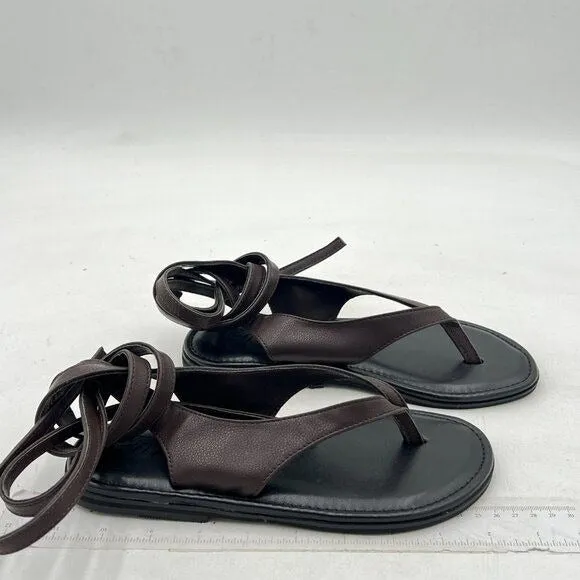 FOWT Dark Brown Round Toe Sandals Lace up Strappy Soft Flip Flop Casual Shoes