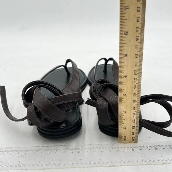 FOWT Dark Brown Round Toe Sandals Lace up Strappy Soft Flip Flop Casual Shoes