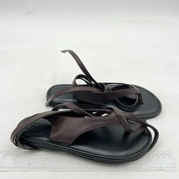 FOWT Dark Brown Split Round Toe Lace up Strappy Soft Flip Flop Casual Sandals