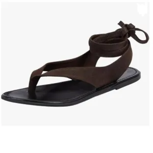 FOWT Dark Brown Split Round Toe Lace up Strappy Soft Flip Flop Casual Sandals