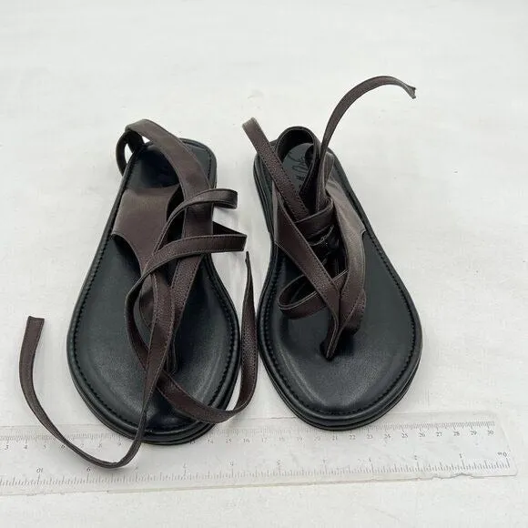 FOWT Dark Brown Split Round Toe Lace up Strappy Soft Flip Flop Casual Sandals