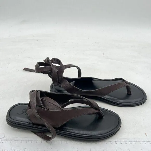 FOWT Dark Brown Split Round Toe Sandals Lace up Soft Flip Flop Comfortable Flats