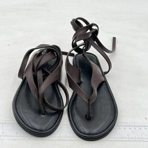 FOWT Dark Brown Split Round Toe Sandals Lace up Soft Flip Flop Comfortable Flats