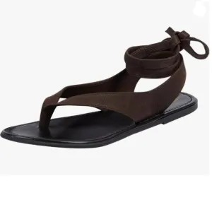 FOWT Dark Brown Split Round Toe Sandals Lace up Soft Flip Flop Comfortable Flats