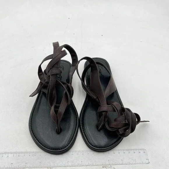 FOWT Dark Brown Split Round Toe Sandals Lace up Strappy Flip Flop Shoes
