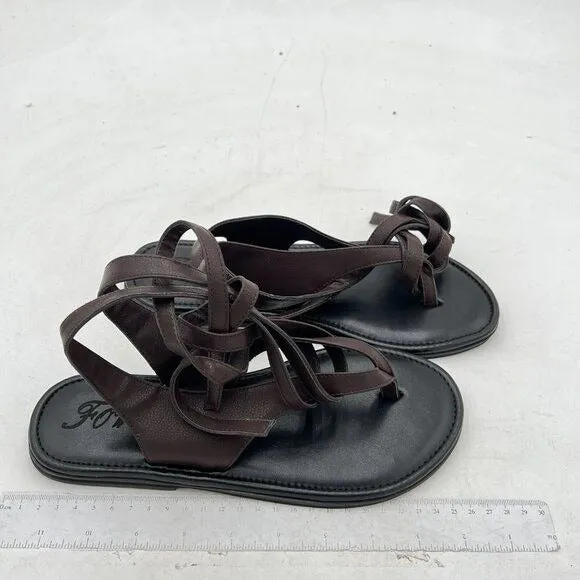 FOWT Dark Brown Split Round Toe Sandals Lace up Strappy Flip Flop Shoes