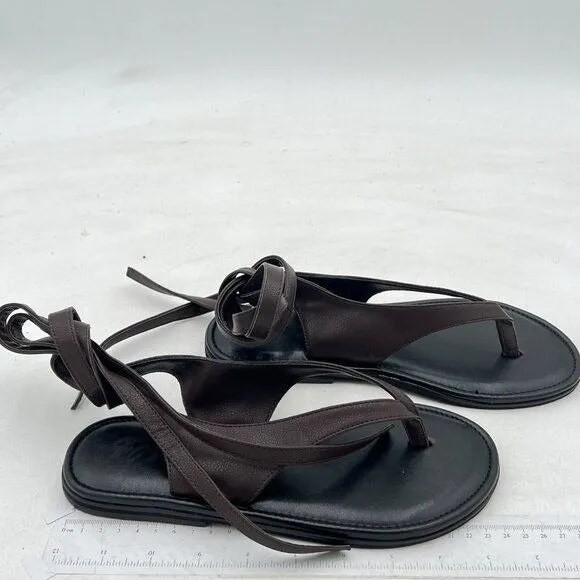 FOWT Dark Brown Split Round Toe Sandals Lace up Strappy Soft Flip Flop Flats