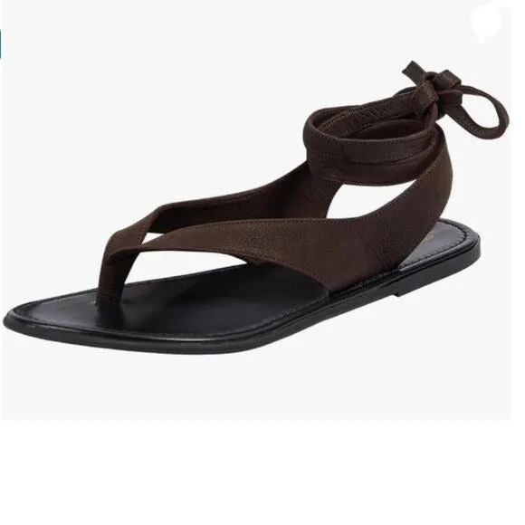 FOWT Dark Brown Split Round Toe Sandals Lace up Strappy Soft Flip Flop Flats