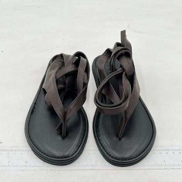 FOWT Dark Brown Split Round Toe Sandals Lace up Strappy Soft Flip Flop Shoes