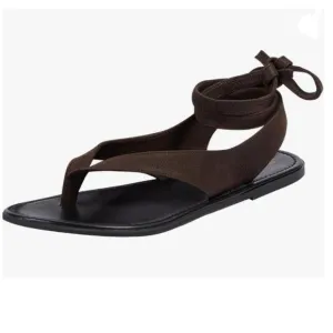 FOWT Dark Brown Split Round Toe Sandals Lace up Strappy Soft Flip Flop Shoes
