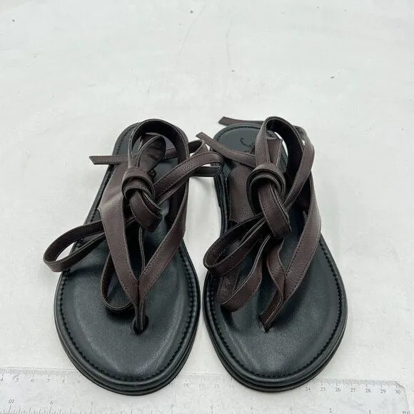 FOWT Dark Brown Split Round Toe Sandals Lace up Strappy Soft Flip Flop Shoes