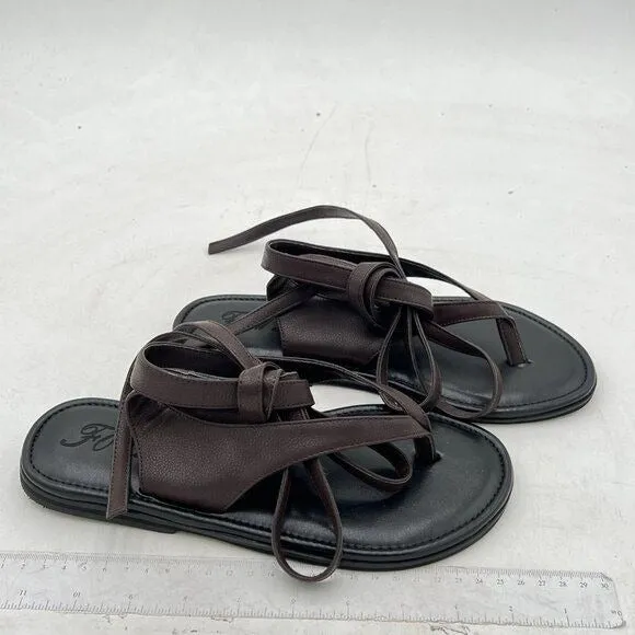 FOWT Dark Brown Split Round Toe Sandals Lace up Strappy Soft Flip Flop Shoes