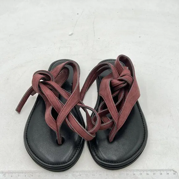FOWT Wine Red Round Toe Lace up Strappy Flats Casual Flip Flop Shoes