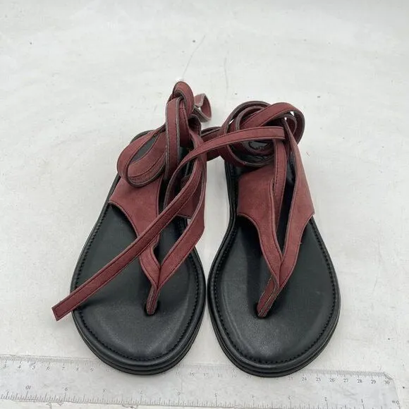 FOWT Wine Red Round Toe Lace up Strappy Flats Casual Flip Flop Shoes
