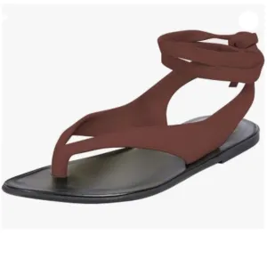 FOWT Wine Red Round Toe Lace up Strappy Flats Casual Flip Flop Shoes