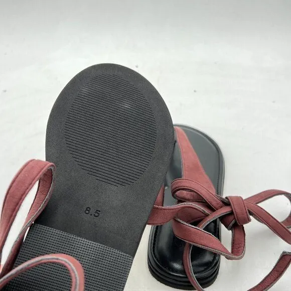 FOWT Wine Split Round Toe Sandals Lace up Strappy Flats Soft Flip Flop Shoes