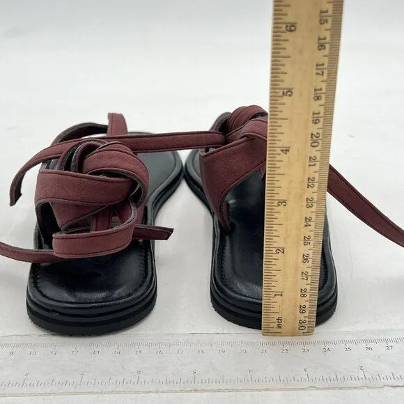 FOWT Wine Split Round Toe Sandals Lace up Strappy Flats Soft Flip Flop Shoes